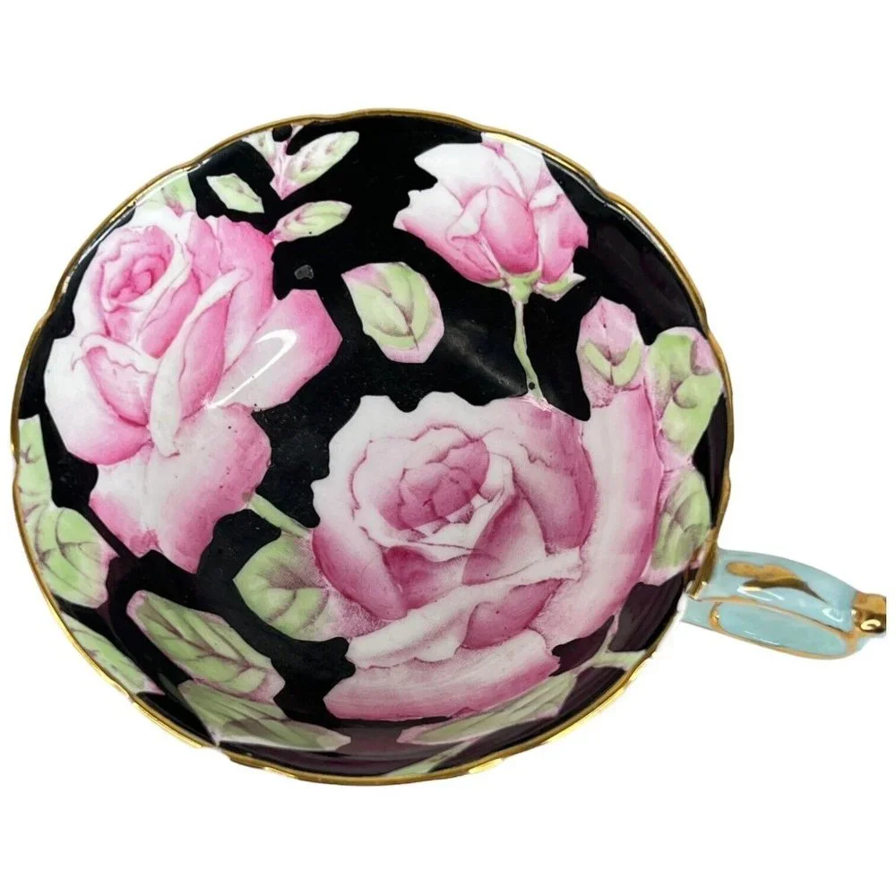 Paragon Tea Cup Pink Cabbage‎ Rose Black Blue Double Warrant Display Only FLAWS